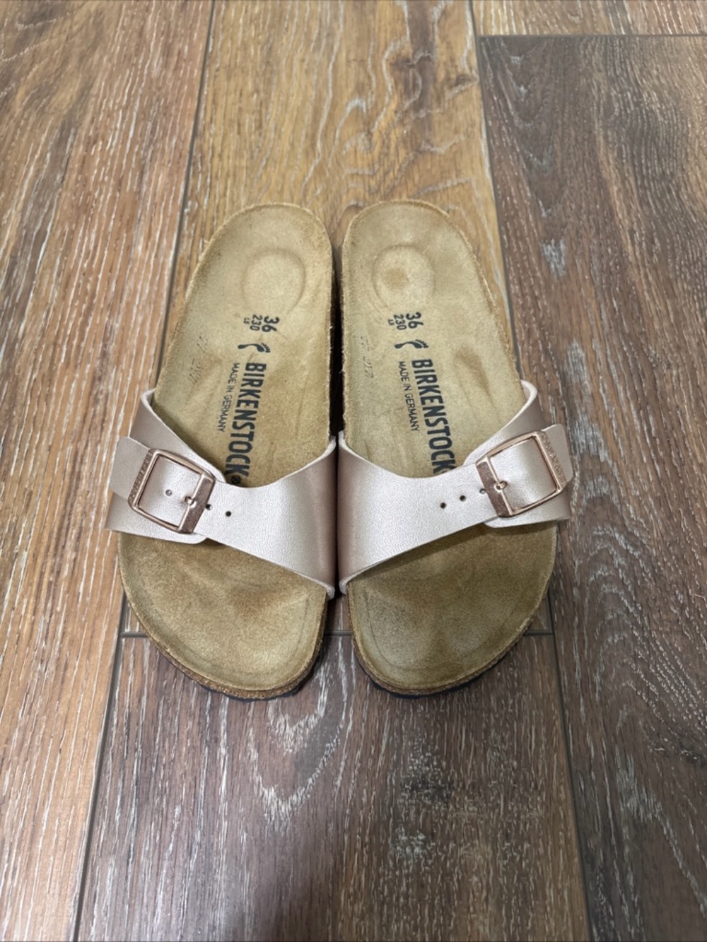 Birkenstock Madrid Metallic Rose Gold Slide Sandal - Women